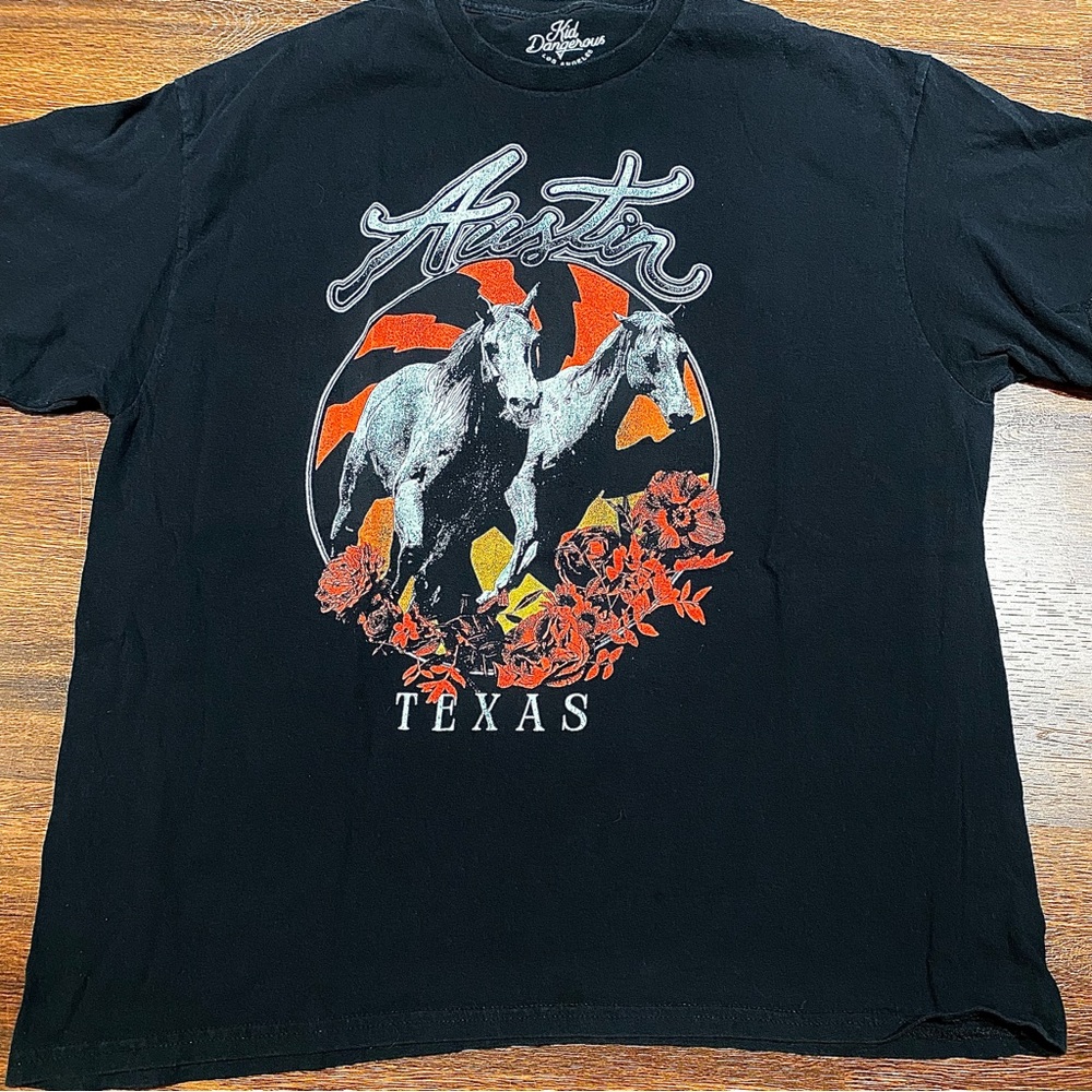 Kid Dangerous Austin Texas Graphic Tee XL Black Horses Roses Sunset Western